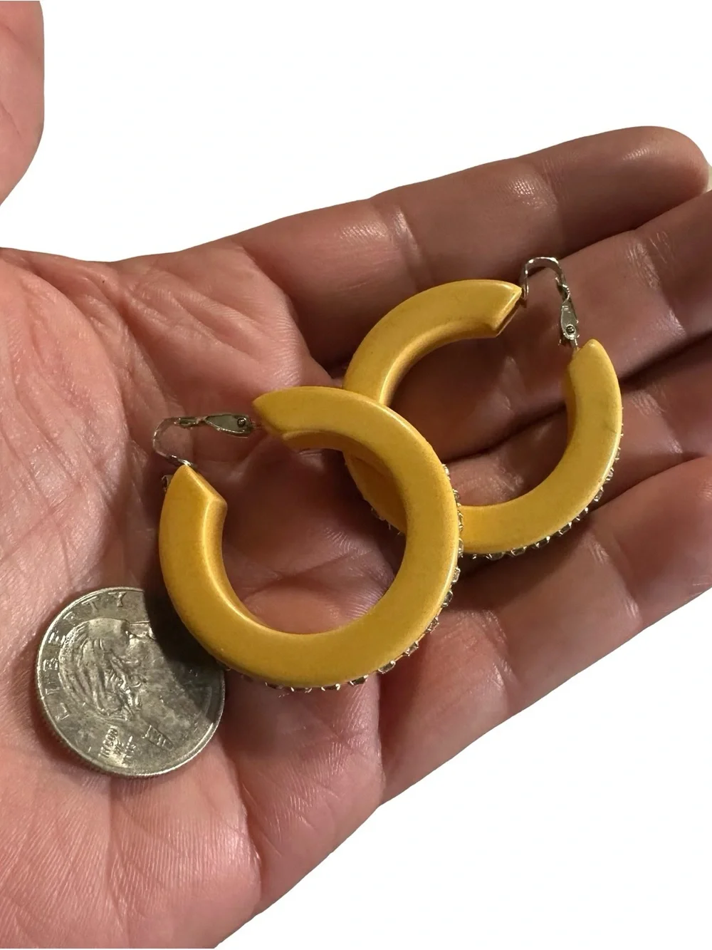 Vtg Bakelite Chunky Butterscotch Rhinestone Hoop Clip On Earrings Simichrome 15g